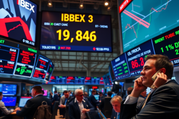Gráfico del IBEX 35 mostrando un ligero aumento mientras Barclays reporta resultados decepcionantes y otros índices sufren caídas significativas.