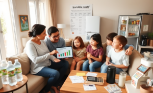 Una familia revisando sus hábitos de consumo para ahorrar dinero.