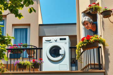 Imagen que ilustra las multas por el uso de lavadoras en balcones o terrazas, destacando el ruido y la normativa de convivencia.
