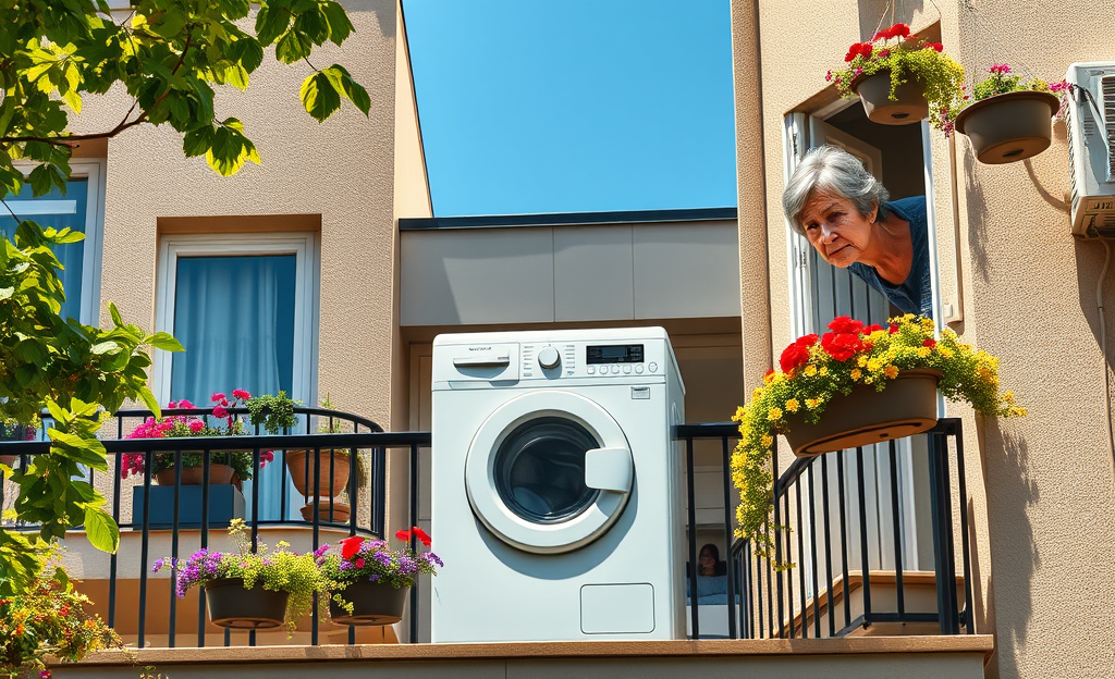 Imagen que ilustra las multas por el uso de lavadoras en balcones o terrazas, destacando el ruido y la normativa de convivencia.