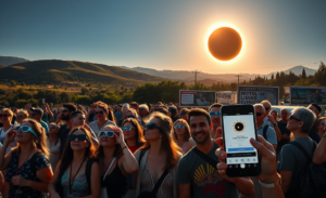 Imagen que representa el eclipse solar total y su impacto en el turismo y la economía.