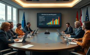 Reunión de financieros discutiendo el impuesto extraordinario sobre empresas petroleras en Europa.