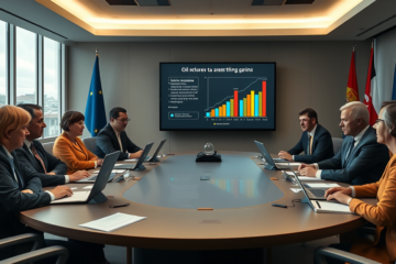 Reunión de financieros discutiendo el impuesto extraordinario sobre empresas petroleras en Europa.
