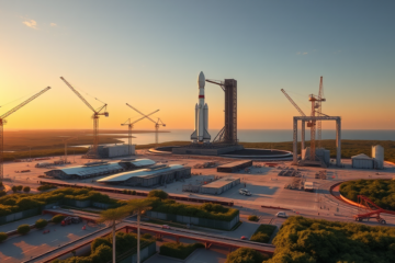 Representación artística de Starbase Luisiana, un complejo espacial con plataformas de lanzamiento para misiones interplanetarias.