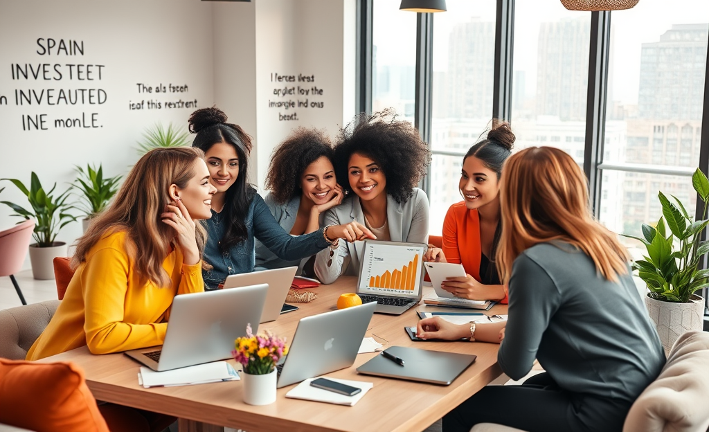 Mujeres jóvenes participando en el mercado de inversiones, mostrando la creciente inclusión y confianza en el ámbito financiero.