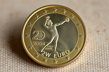 Moneda de dos euros 'olímpica' emitida en 2004 con diseño de un discóbolo.
