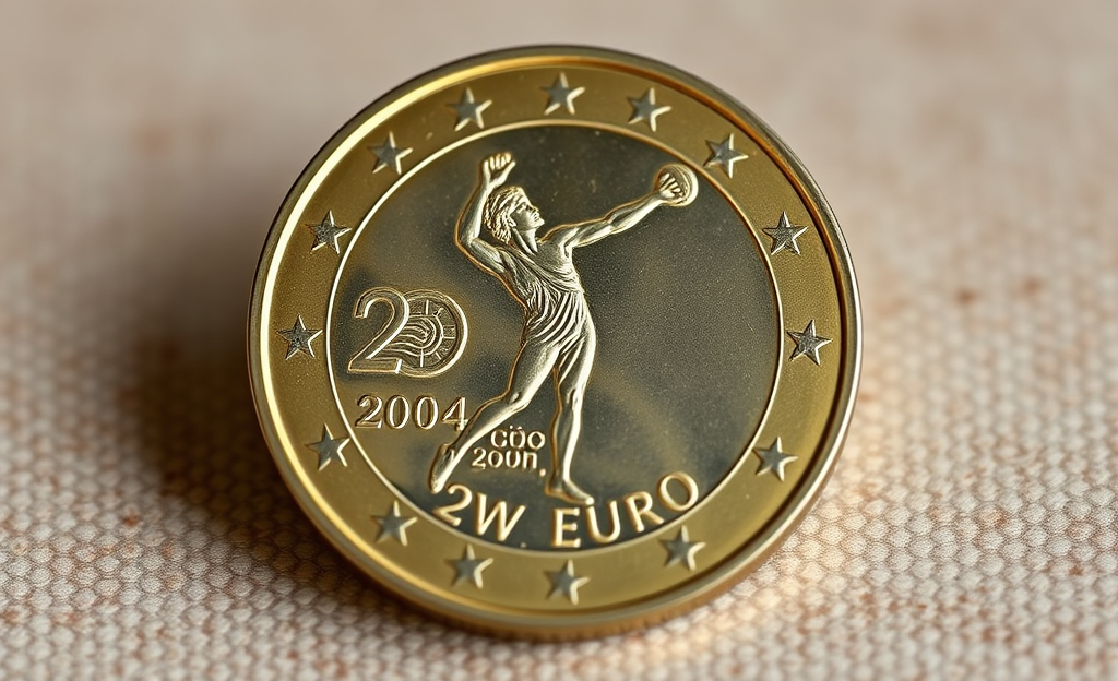 Moneda de dos euros 'olímpica' emitida en 2004 con diseño de un discóbolo.