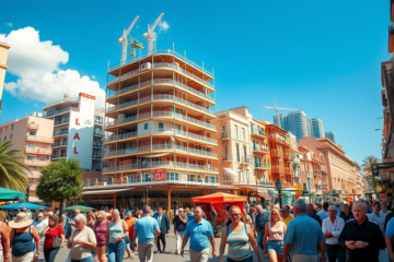 Hoteles en construcción en la ciudad, reflejando el aumento del turismo y la preocupación por la turistificación.